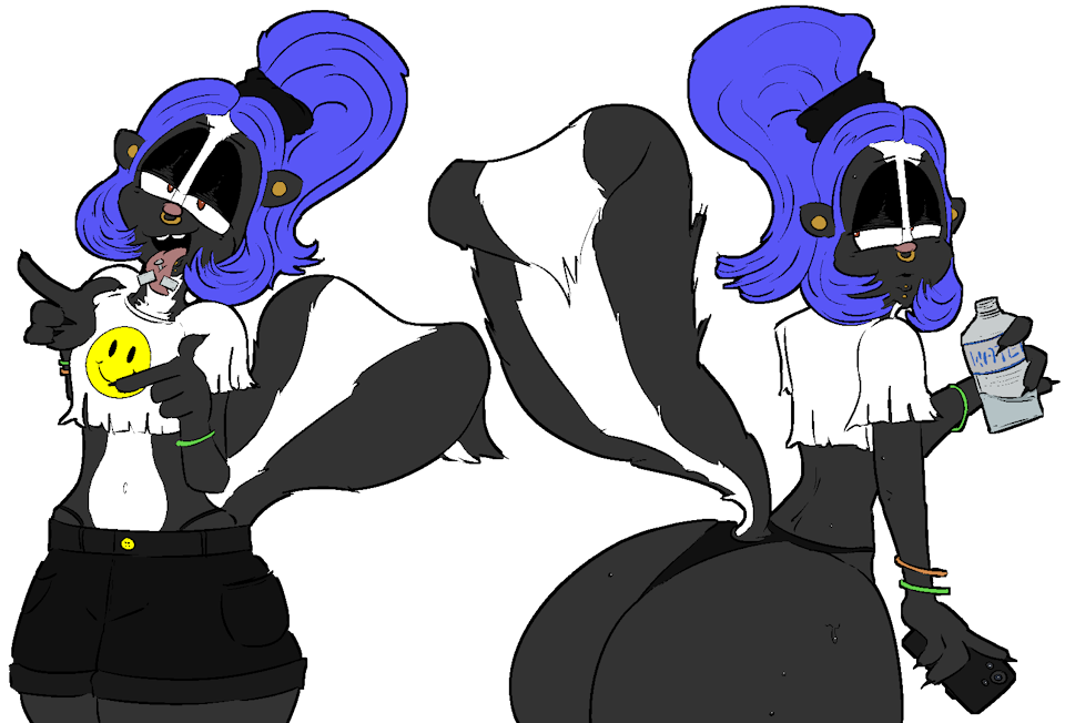 Front and back views of a voluptuous, chill skunk