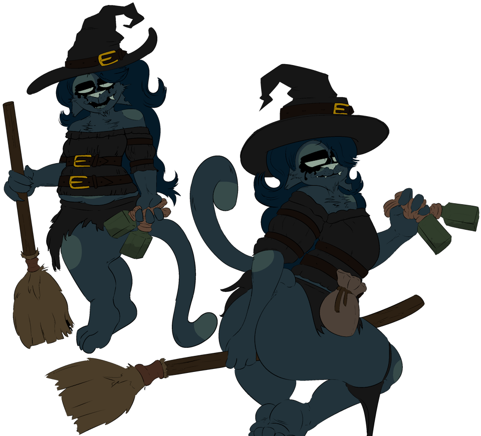 Front and back views of a chunky, sexy witch cat