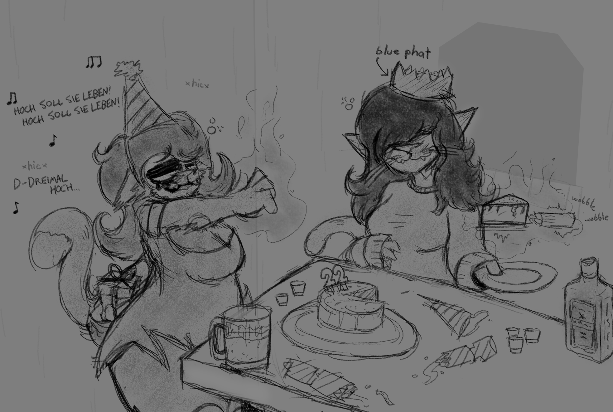 A Drunk witch cat singing a German birthday song to another drunk cat.