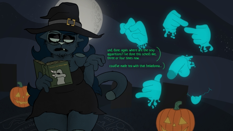 A witch cat at tummy level, holding some vials with dubious contents.